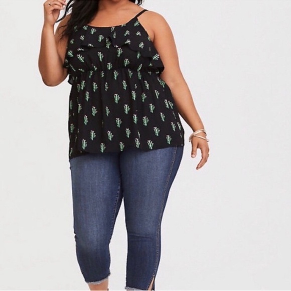 torrid Tops - [Torrid] Chiffon Black Green Cactus Print Ruffle Babydoll Blouse Summer Beach 3X